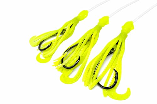 End Game Tackle Deep Drop Rig – Made in USA – New Super Stretch Glow Squid – NOAA Compliant Non-Offset Circle Hooks for Bottom Fishing - color: Chartreuse Glow, size: 6/0 – 3 Hook
