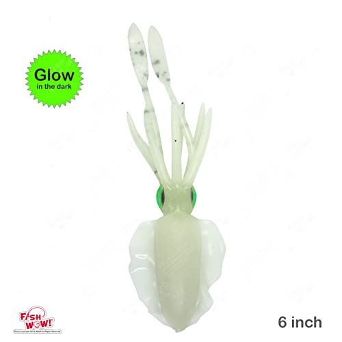 5pcs Chartreuse Glow Fish WOW! 6" Chase Squid Skirt Luminous Realistic Squid Octopus baits 3D Large Eyes Premium Quality Soft Plastic Fishing Lures Green