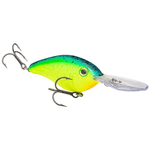 Strike King Pro Model 6XD Fishing Lure, Deep Diving Crankbait, Unique Curved Bill, Free-Floating Rattle Chambers, 1-Ounce, Dives to 19-Feet, Size 1 Treble Hooks - color: Chartreuse with Blue / Black Splatterback, size: 1 oz