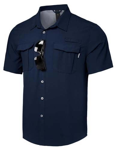 Haimont Men's UPF 50+ Short Sleeve Hiking Button Down Shirt | Quick-Dry Stretch, Mesh Back Vents, Rod Holder & Sunglasses Loops, Outdoor & Travel - color: Dark Blue, size: 3X-Large