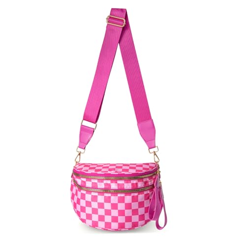Crossbody Bags for Women, Spacious Nylon Belt Purse Fanny Packs, Crescent Oversized Checkered Bum Bag (Checkered - Rose Red) - color: Checkered - Rose Red