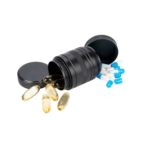 Pill Box 2 Times a Day - Metal Pill Case, Portable Daily 2 Compartment Pill Container, Waterproof Travel Aluminum Pill Holder for Fish Oils, Vitamin, Fish Oil, Supplements - color: Black, size: Medium-Short