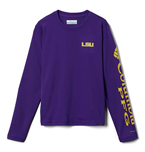 Columbia Kids CLG Terminal Tackle™ Long Sleeve Shirt (Little Kids/Big Kids) - color: Lsu - Vivid Purple/Collegiate Yellow, size: Medium