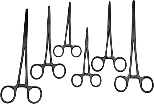 6 Piece Curved & Straight (8", 6.25" and 5") Black Coated Hemostat Set, Stainless Steel Locking Tweezer Clamps - Ideal Hemostats for Nurses, Fishing Forceps, Crafts and Hobby