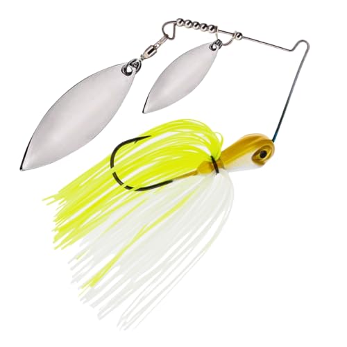 Reaction Tackle Tungsten Double Willow Spinnerbait, Compact Profile Bass Fishing Lure with Flash and Vibration for Largemouth and Smallmouth Bass (2-Pack) - color: Chartreuse White, size: 1/2 Oz