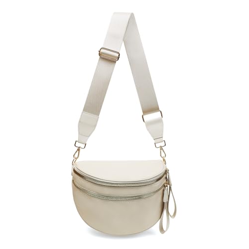 Pure Colour Crossbody Bum Bags for Women Spacious Checkered Cross body Bag Nylon Trendy Fanny Pack for Travel - color: Beige