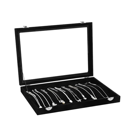 Wudygirl Jewelry Organizer Necklace Organizer Box 20 Hooks Necklaces Holder Display Case Black Velvet Jewelry Organizer with Clear Lid(Black Necklace Tray) - color: Black, size: Necklace
