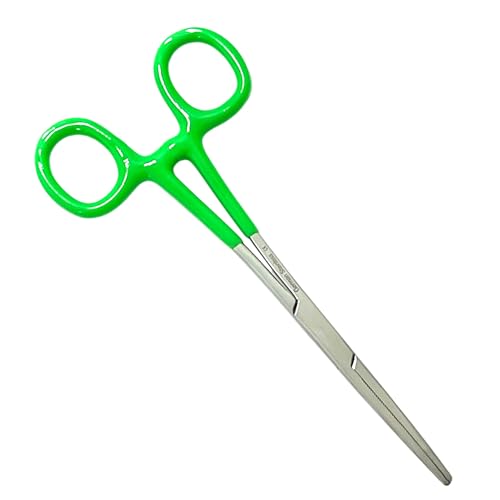German Vinyl Grip Locking Straight & Curved Hemostat -Hemostat Forceps- Stainless Steel Locking Tweezer Clamps - Ideal Hemostats for Nurses, Fishing Forceps, Crafts and Hobby (Green STR+CVD 6.25")