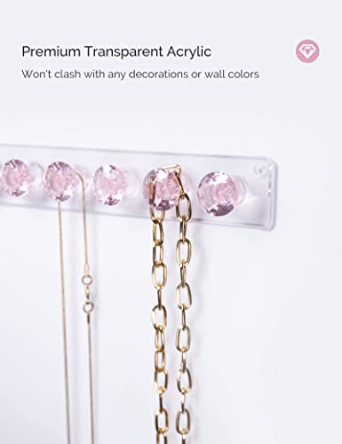 Acrylic Necklaces Holder Wall Mounted Necklace Hangers Hanging Jewelry Organizer with 12 Hooks, Clear Jewelry Hangers for Necklace Organizer for Girls Women, Necklace Hooks for Wall (Pink, 2 Pack) - color: Pink – 2Pack