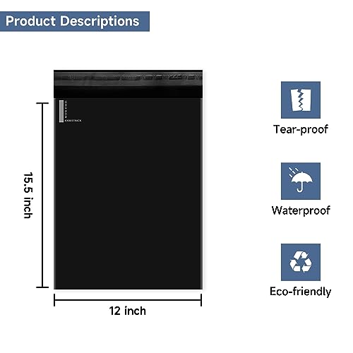 KKBESTPACK 200 Pcs 12x15.5 Poly Mailer Envelopes Shipping Bags Self Adhesive Waterproof Bags (Black), 12 x 15.5 - color: Black, size: 12" x 15.5" 200pcs