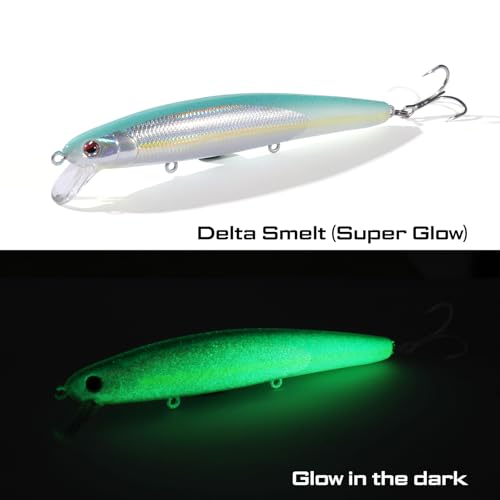 LITTMA California Surf Fishing Lures Saltwater Jerkbait Crankbait Surf Minnow 110/125 - Metallic Sardine Super Glow & Pearl Pink Belly Glow Lures for Halibut & Striper Fishing - color: Delta Smelt (Super Glow), size: 110mm - 5/8oz