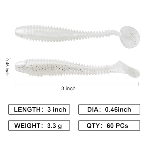 Paddle Tail Swimbaits, 2.5 inch/3inch Soft Lures Fishing Trout Crappie Bass for Freshwater and Saltwater 75PCS/60PCS - color: White Pearl, size: 3 inch, 60 PCs