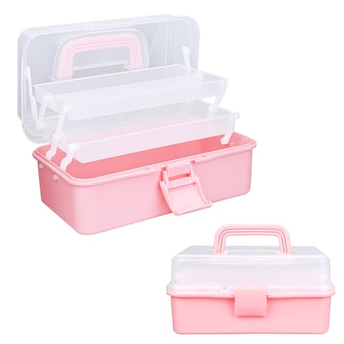 10Inch Tackle Box Organizer and Storage,Three-Layer Sewing Box With 2 Trays | Craft Organizers and Storage,Medicine Storage Box With Handle For Nail、Makeup、Diamond Painting、Building Blocks - color: PINK