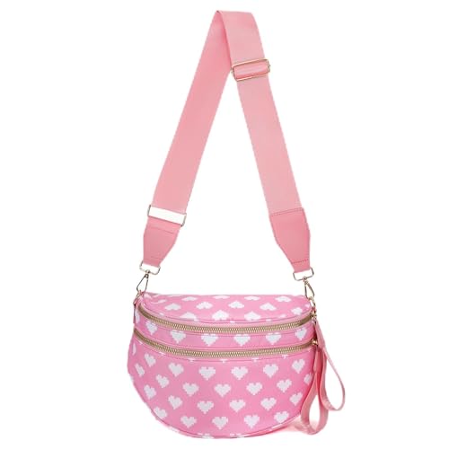 Crossbody Bags for Women, Spacious Nylon Belt Purse Fanny Packs, Crescent Oversized Checkered Bum Bag (Heart Print - Pink) - color: Heart Print - Pink