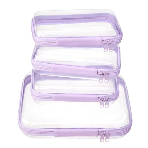 4 pcs Clear Zipper Pouches,Hard Shell Zipper Case, Toiletry Bag for Travel, CLear Diaper Bag, Toiletry Pouch, Travel Organizer, Cosmetic Bag,Toy Storage Bins (M+3S) (Lavender) - color: Lavender, size: M+3S