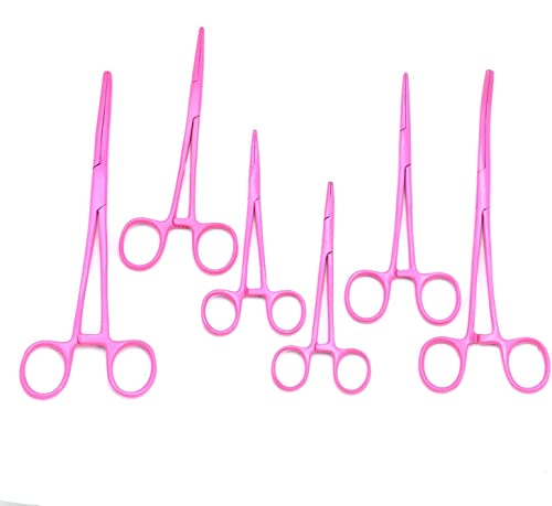 Pink Color Premium Quality Ultimate Set of 6 Pcs Straight & Curved Hemostat Forceps Locking Clamps Stainless Steel Full Serrated Jaws for Better Grip-Ideal for Nurses, Fishing + More - color: Pink Color