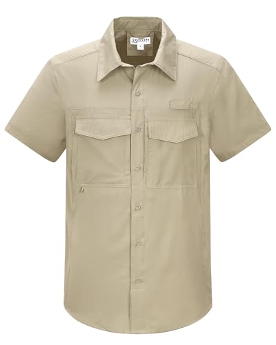 33,000ft Men's Fishing Shirts Lightweight Cool Quick Dry Sun Protection UV Short Sleeve Shirt for Casual Hiking Safari Travel - color: Dark Khaki, size: X-Large