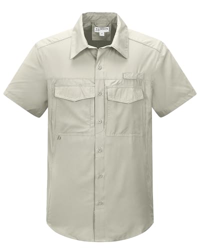 33,000ft Men's Fishing Shirts Lightweight Cool Quick Dry Sun Protection UV Short Sleeve Shirt for Casual Hiking Safari Travel - color: Khaki, size: Small