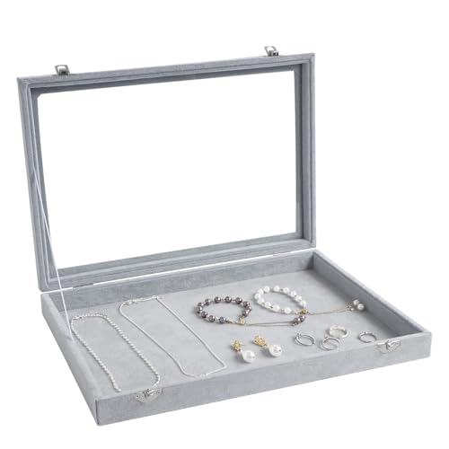 Wudygirl Velvet Jewelry Organizer Empty Jewelry Tray Organizer Jewelry Box Storage Case Display Necklaces Earring Stackable Tray Containers Clear Lid (DIY Box) - color: Gray, size: Empty