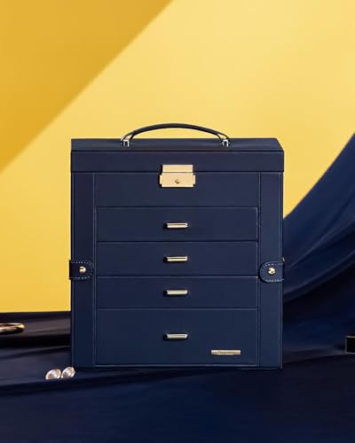 Homde Synthetic Leather Huge Jewelry Box Mirrored Watch Organizer Necklace Ring Earring Storage Lockable Gift Case (Dark Blue + Gold) - color: Dark Blue + Gold