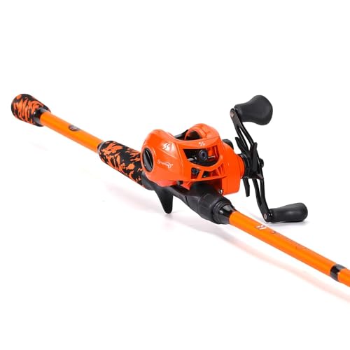 Sougayilang Baitcaster Combo, IM7 Graphite 2Pc Blank Rods,M/MH Power,EVA Handle & Stainless Steel Guides，7.1:1 Gear Ratio, 18LB Drag for Bass, Walleye, Pike - color: orange-left, size: 6'10''-Medium