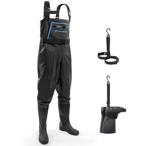 Calamus WaveWalker Fishing Waders for Men & Women, 100% Waterproof PVC Waders with Slip-Resistant Boots, Tear-Resistant Nylon - color: Black, size: M7/W9