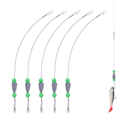 5Pcs Fishing Rigs for Trout Catfish Perch 12 Inch Steel Leader Lines with Fishing Weight 1/4oz Swivels Freshwater Saltwater Pre-Rigged Hooks for Limb Lines Metal Catfishing Finder Gear