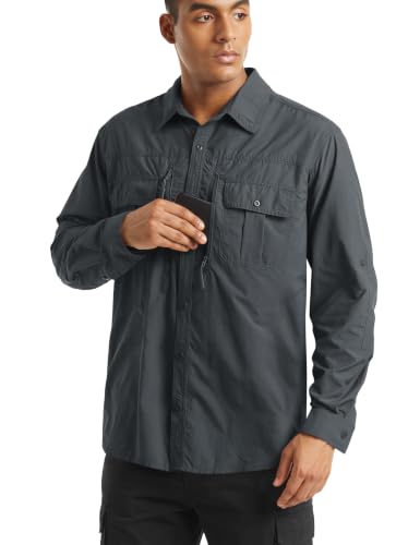 TACVASEN Fishing Shirt for Men, Long Sleeve Shirt Quick Dry Fit, Tactical Shirt Button Up, Work Shirt Lightweight Safari - color: Dark Grey, size: X-Large