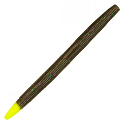 Reaction Tackle Wacky Worms, 5.5 Inch Salt Impregnated Soft Plastic Stick Bait Bass Fishing Lures for Finesse, Wacky, Neko, Texas and Carolina Rigs, 24 Pack - color: Green Pumpkin Chartreuse Tip