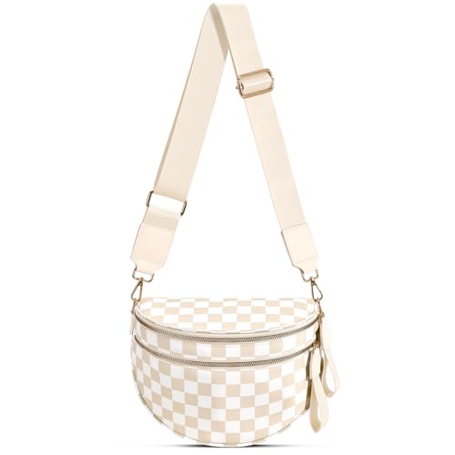 Checkered Nylon Crossbody Bag Bum Bag for Women Mom Large Checkered Fanny Packs with Adjustable Strap - color: Beige Checkered