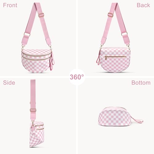 Checkered Nylon Crossbody Bag Bum Bag for Women Mom Large Checkered Fanny Packs with Adjustable Strap - color: Pink Checkered