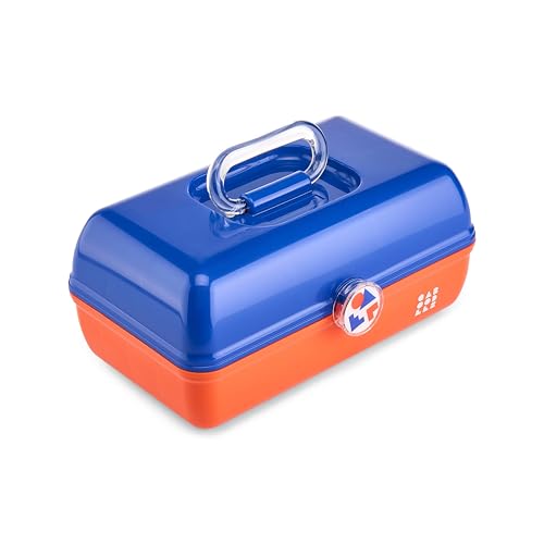 Caboodles School Spirit On-The-Go Girl Makeup Box, Blue Over Orange, Hard Plastic Makeup Organizer Box, Built-In Mirror, Secure Latch for Safe Travel, Spacious Storage for Large Items - color: Blue Orange School Spirit