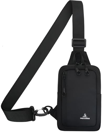 Peicees Small Crossbody Sling Bag Chest Bag Dual Pocket Water Resistant Fanny Pack Running Phone Holder for Men Women Workout Travelling, Black - color: Black