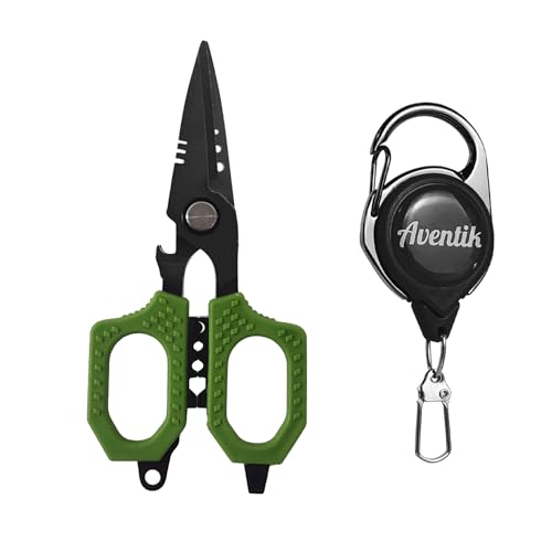 Eupheng Multifunction 4.7" Pro Fishing Scissors,Dual Serrated Blades Titanium-Coated Fishing Shears with Zinger Retractor Clip,Compatible with Braided Line,Mono and Fluorocarbon - style: 4.7in Green Scissors + Black Zinger
