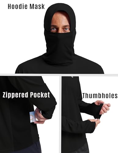 PINSPARK UPF 50+ Sun Protection Hoodie Men with Mask Quick Dry Long Sleeve Fishing Hiking Shirts UV Rash Guard Lightweight - color: Black, size: XX-Large