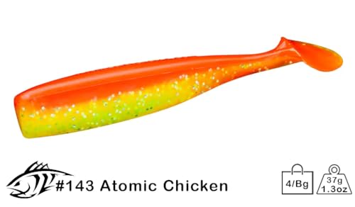 Lunker City Fishing Shaker 6" Swimbait Soft Plastic Bass Lure with Tail Swimming and Wobbling Action Swim Bait, 4 Per Bag, Made in The USA - color: Atomic Chicken