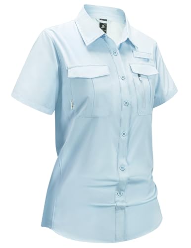 Haimont Women's UPF 50+ Short Sleeve Hiking Button Down Shirt | Quick-Dry Stretch, Mesh Back Vents, 2 Chest Pockets + Zip Pocket, Sunglasses Loop, Lens Cloth, Travel - color: Light Blue, size: X-Small