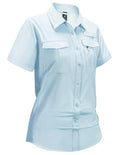 Haimont Women's UPF 50+ Short Sleeve Hiking Button Down Shirt | Quick-Dry Stretch, Mesh Back Vents, 2 Chest Pockets + Zip Pocket, Sunglasses Loop, Lens Cloth, Travel - color: Light Blue, size: X-Small