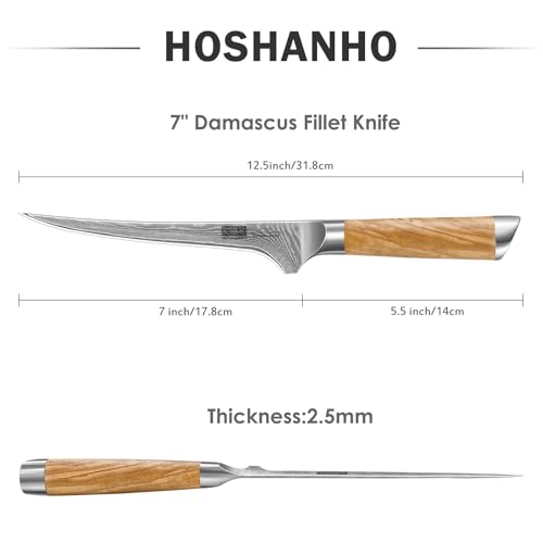 HOSHANHO 7 Inch Damascus Fillet Knife, Professional 10Cr15CoMoV Super Steel Japanese Boning Knife, Ultra Sharp Fish Knife with Ergonomic Olive Wood Handle - style: 7 Inch Fillet Knife