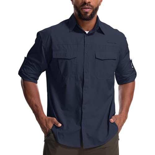 Mens Safari Sun Shirts UPF 50+ UV Sun Protection Long Sleeve Outdoor Quick Dry Fishing Hiking Gardening Shirts - color: 5051 Azure Blue, size: X-Large