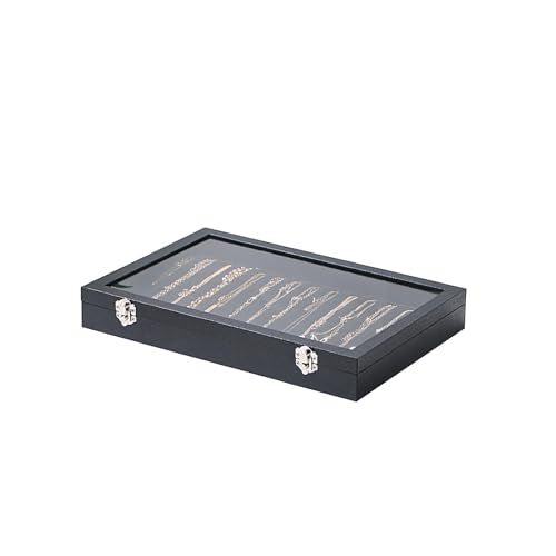 14 Hooks Necklace Storage Tray, Velvet Neckalce Organizer Box with Clear Lid, Pendant Chain Necklace Jewelry Organizer Drawer Tray for Women Girls (Black) - color: Black