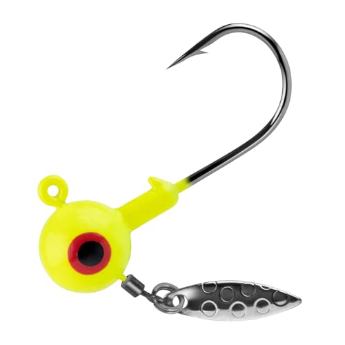 Dr.Fish 10 Pack Underspin Jigs Heads Freshwater Fishing Jig Spinner Stand up Swimbait Bass Walleye Fishing Hooks Willow Blade Round Bottom - color: Fluorescent Yellow, size: 3/8oz