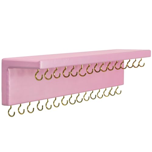SANY DAYO HOME Pink Necklace Holder Jewelry Organizer with 30 Hooks, 15 x 3 x 4 inches Wall Mount Rustic Pine Wood Shelf for Necklace, Hair Bow Storage - color: 30 Hooks, Pink