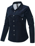 Haimont Women's UPF 50+ Long Sleeve Hiking Button Down Shirt | Quick-Dry, Mesh Back Vents, Roll-Up Tabs, Rod Holder, Lens Cloth, Camping & Travel - color: Dark Blue, size: X-Small
