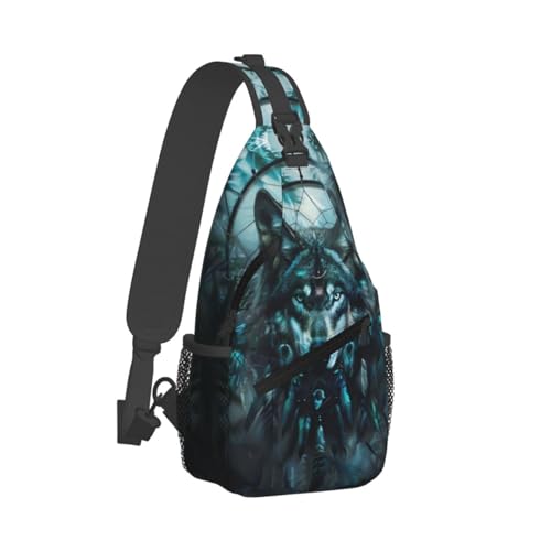 Wolf Dream Catcher Sling Backpack Chest Bag Crossbody Shoulder Bag Gym Cycling Travel Hiking Daypack For Men Women - color: Wolf Dream Catcher