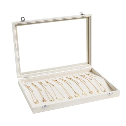 Wudygirl Necklace Organizer with Clear Glass Lid Stackable Jewelry Organizer Tray with 20 Hooks for Necklace Bracelet(Beige Necklace Box) - color: Beige, size: Necklace