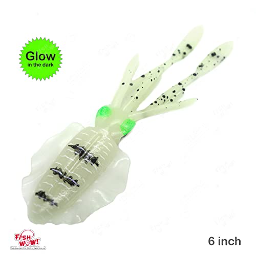 5pcs Chartreuse Glow Fish WOW! 6" Chase Squid Skirt Luminous Realistic Squid Octopus baits 3D Large Eyes Premium Quality Soft Plastic Fishing Lures Green