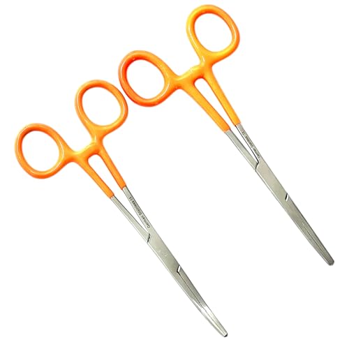 German Vinyl Grip Locking Straight & Curved Hemostat -Hemostat Forceps- Stainless Steel Locking Tweezer Clamps - Ideal Hemostats for Nurses, Fishing Forceps, Crafts and Hobby (Orange STR+CVD 6.25")