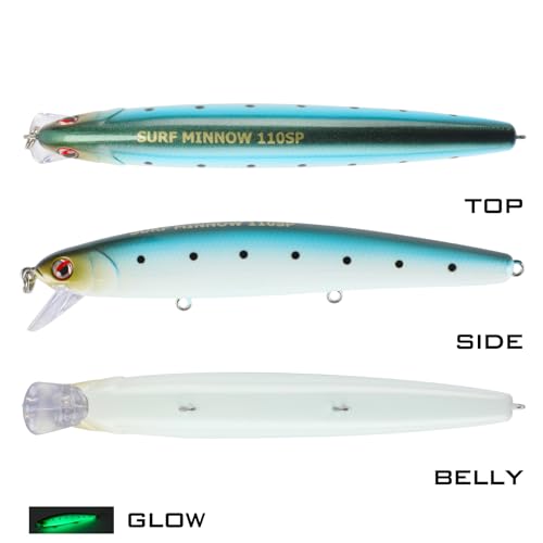 LITTMA California Surf Fishing Lures Saltwater Jerkbait Crankbait Surf Minnow 110/125 - Metallic Sardine Super Glow & Pearl Pink Belly Glow Lures for Halibut & Striper Fishing - color: Sardine (Super Glow), size: 110mm - 5/8oz