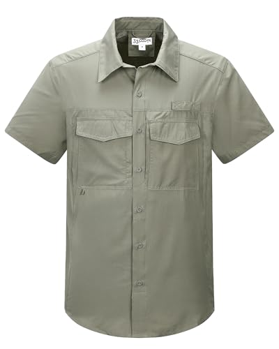 33,000ft Men's Fishing Shirts Lightweight Cool Quick Dry Sun Protection UV Short Sleeve Shirt for Casual Hiking Safari Travel - color: Gray Green, size: Small